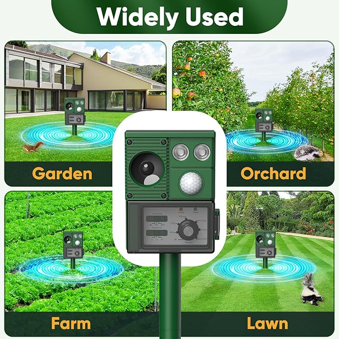 Solar Ultrasound Animal Repellent Outdoor, Deer Repellent Devices Skunk Repellent with Motion Detector & Flashing Light, Waterproof Raccoon Repeller, Cat Squirrel Rabbit Rat Repeller for Yard (Green)