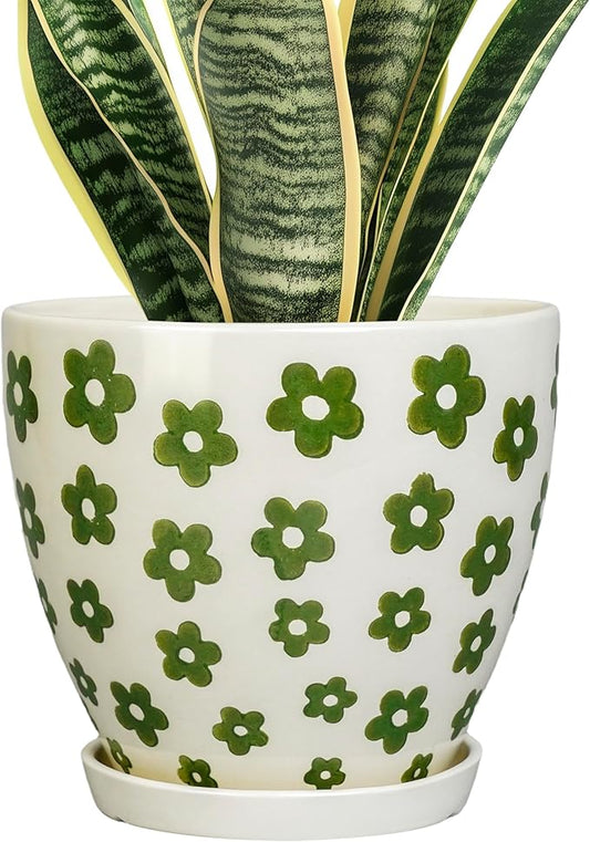 8.2 Inch Plant Pot - Ceramic Flower Pot Indoor with Drainage Hole and Saucer, Boho Round Decorative Planter for Indoor Plants, Housewarming Gifts, Office Garden Home Room Decor, White