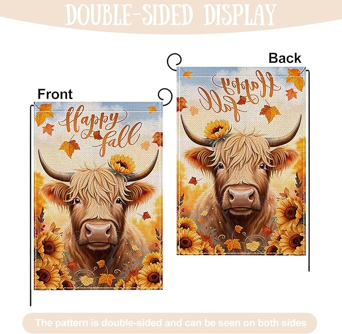 Fall Garden Flag 12 x 18 Inch Double Sided Cow Maple Leaves Sunflower Designs Autumn Burlap Yard Flag for Outside Rustic Yard Outdoor Holiday Home Decoration