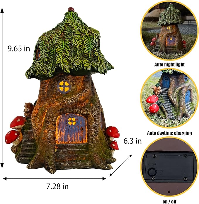COWOS Solar Light Fairy Tree House, Fairy Garden House Statues,Tree House Figurines with Solar Light for Indoor Outdoor Art Decorations, Patio Yard Lawn Ornaments Gift