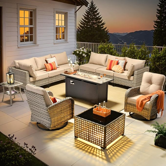 Outdoor Sectional Patio Furniture Set with Fire Pit Table and Swivel Rocking Chairs,11 Pieces Wicker Conversation Sets L Shaped Couch Out Door Sofa Outside Furniture for Garden Deck Yard,Beige
