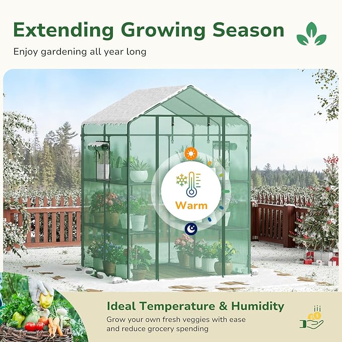 GreatBuddy Walk-in Greenhouse for Outdoors, High-Density PE Plant Cover with 2 Tiers of 8 Shelves, 4.5x4.5x6.5ft, Perfect for Plant Growing, 4 Ropes and Stakes Included