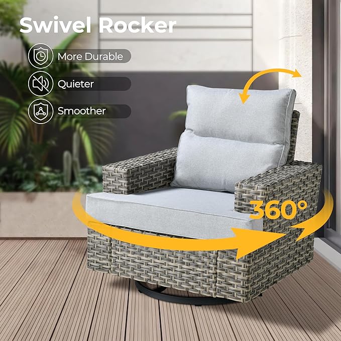 HOOOWOOO Outdoor Sectional Patio Furniture Set with Fire Pit Table,13 Pieces Wicker Conversation Sets L Shaped Couch,Extra Deep Out Door Sofa Outside Furniture with Swivel Chairs Ottomans,Light Gray