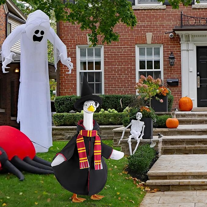 4 Pcs/Set Halloween Witch Goose Outfits, Lawn Porch Goose Statue Wizard Costume, Garden Goose Witches Clothes with Hat Scarf Glasses for 23" Statue Halloween Fall Christmas Outdoor Patio Yard Decor