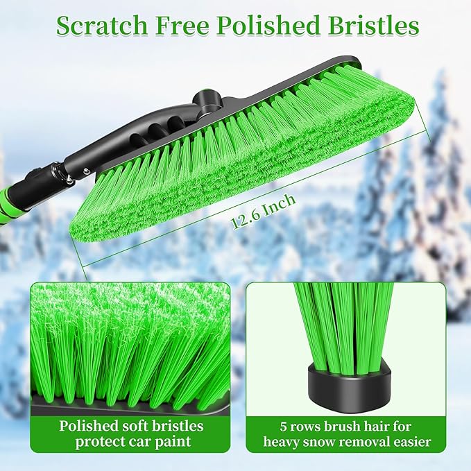 HEEYA 51 Inch Snow Brush for Trucks, Extendable Long Handle Ice Scraper with Brush with Foam Grip, SUV Heavy Duty Snow Brush with Ice Scraper for Car Auto Jeep RV Vehicle Windshield Window - Green