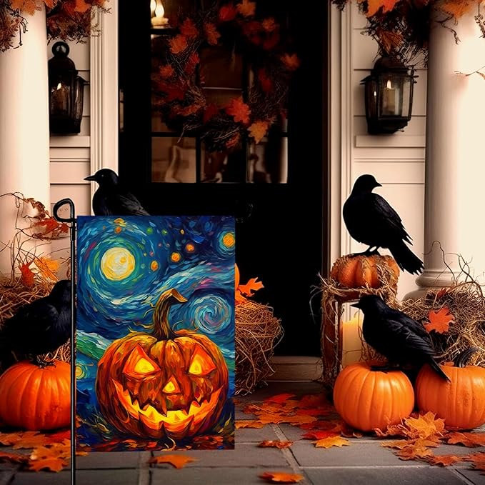 Halloween Garden Flag Pumpkin Garden Flag Van Gogh Garden Flags Arts Starry Night Sky Moon Yard Flag Double Sided Fall Porch Patio Farmhouse Outdoor Yard Decorative 12 x 18 Inch