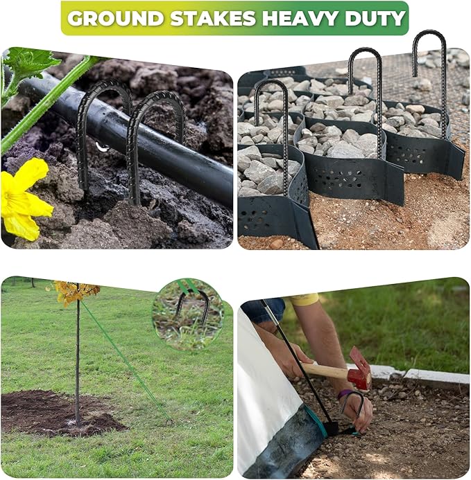 Ground Stakes 12 inches 18-Pack J Hook Rebar Stakes 5/16" Diameter Tent Stakes Heavy Duty Metal Stakes for Outdoor Decorations, Yard Inflatables and Chain Link Fence