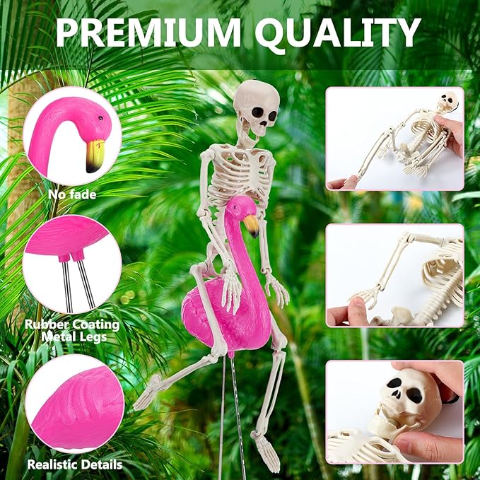 8 Pcs Halloween Skeleton Flamingo Decoration Outdoor Yard Ornament 15.7" Plastic Skeleton Decor with Posable Legs Flamingo Statue Decor for Yard Garden Lawn (Pink,S,Classic)