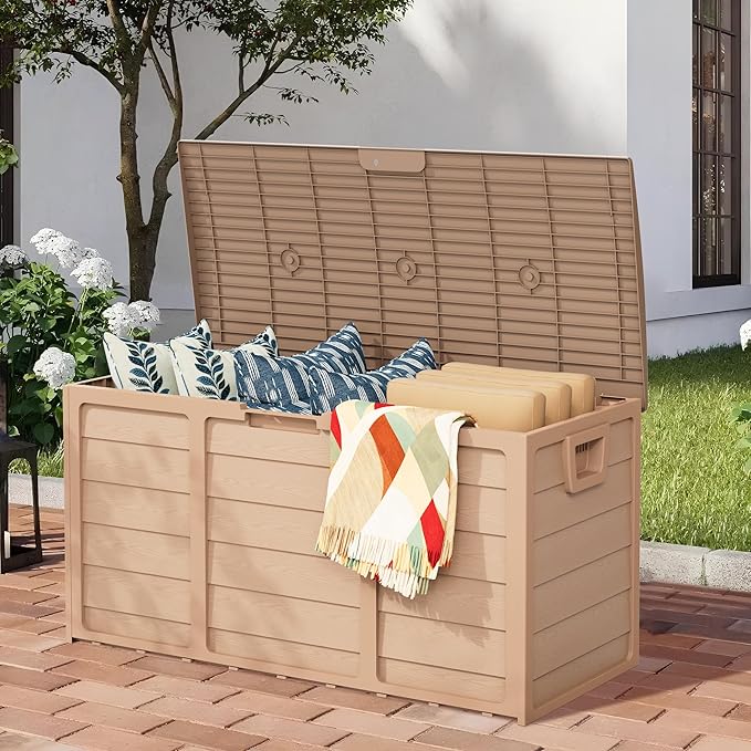 75 Gallon Outdoor Deck Box - Heavy Duty Resin Storage with Lockable Lid, UV Resistant for Patio Furniture Cushions, Pillows (Brown)