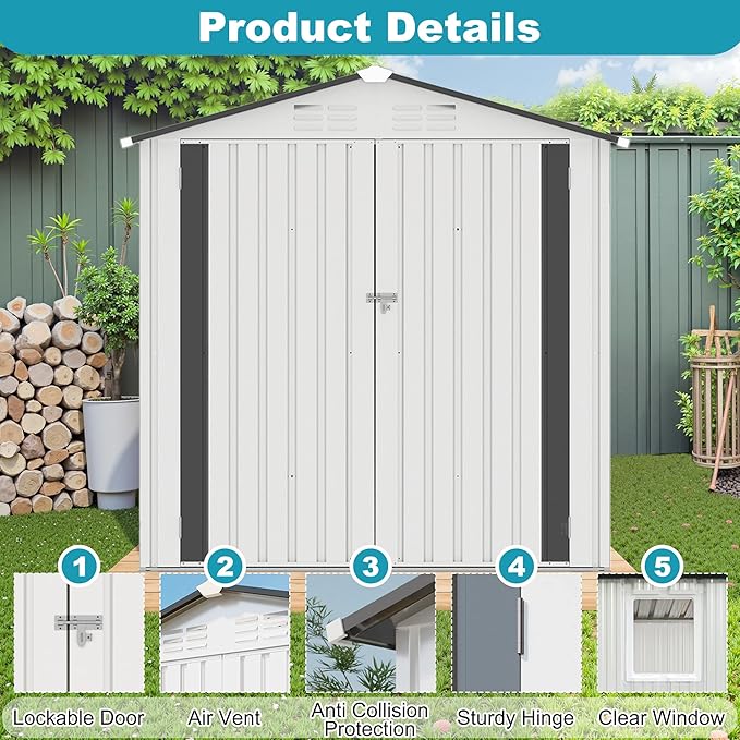 6x3.5 FT Outdoor Metal Storage Shed, Tool Shed with Peaked Roof and Lockable Door, Compact Garden Shed with Clear Window for Backyard Garden Patio Lawn, White+Gray