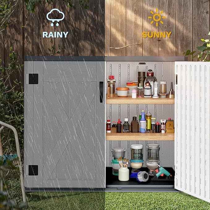 DWVO Outdoor Storage Shed, Weatherproof Resin, 35 Cu Ft Capacity, Horizontal Design, X-Shaped Lockable Door, Suitable for Bike, Garden Tools, Trash Cans, Light Gray