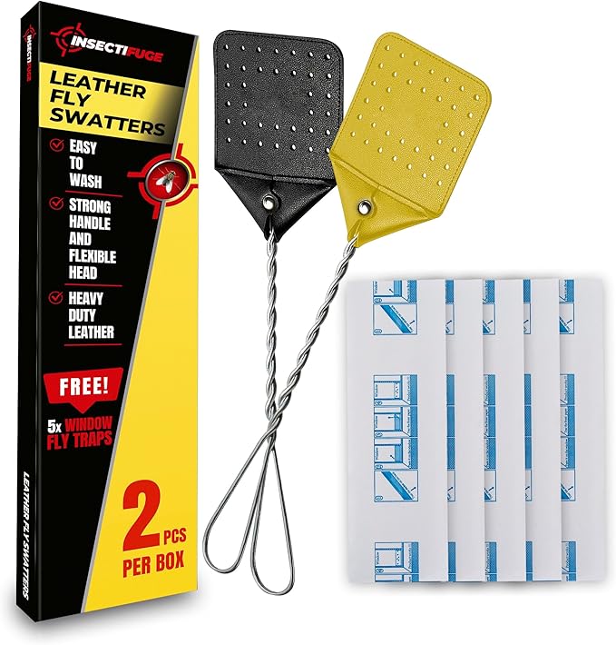 Leather Fly Swatter 2 Pack with 5 Window Fly Traps - Heavy Duty Fly Swatter Manual, Retractable Indoors Outdoors, Large Swatters Multi Pack Long Handle, MATA Moscas