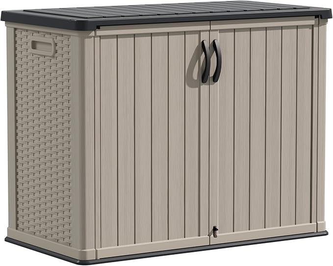 Devoko Outdoor Storage Cabinet 26 Cu Ft with Lockable Doors, Horizontal Storage Shed Waterproof Patio Tools Storage Box for Sofa Cushions, Gardening Tools and Accessories (Beige)