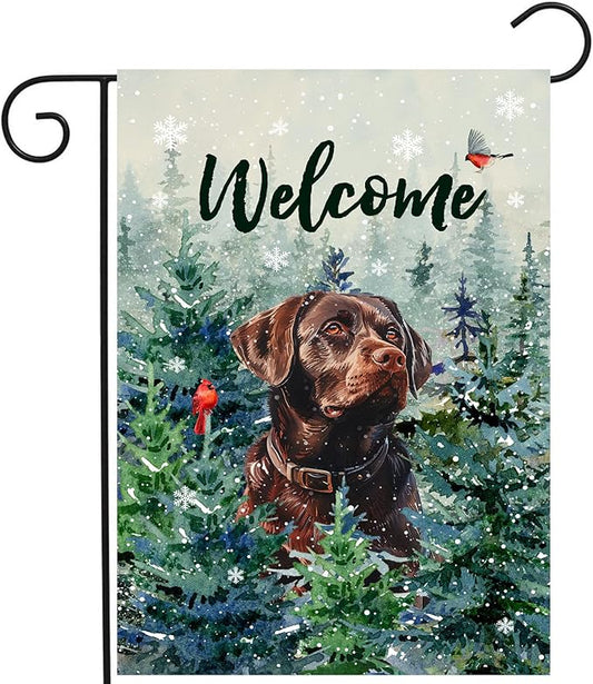 Welcome Winter Garden Flags Chocolate Lab Garden Flag Cardinal Birds on Snowy Pine Tree Flag Labrador Dog Yard Flags for Outside 12x18 Double Sided Christmas Decorative Lawn Flags