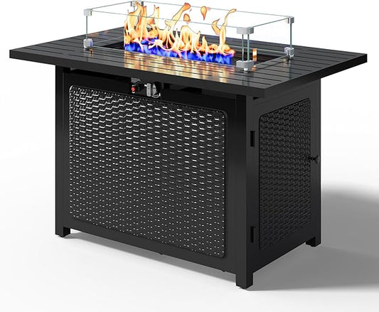 Royalcraft 43” Outdoor Propane Fire Table Set with Heavy-Duty Glass Stones, Glass Wind Guard, Lid & Water-Resistant Cover, 50,000 BTU Metal Fire Pit Table, Rectangle Fire Pit Table for Patio, Deck