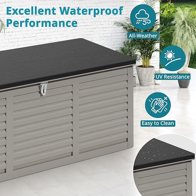 Resin Deck Box, 130 Gallon Outdoor Storage Box with Lockable Lid, Waterproof Patio Storage for Garden Tools & Outdoor Accessories (Dark Black) (Light Gray)