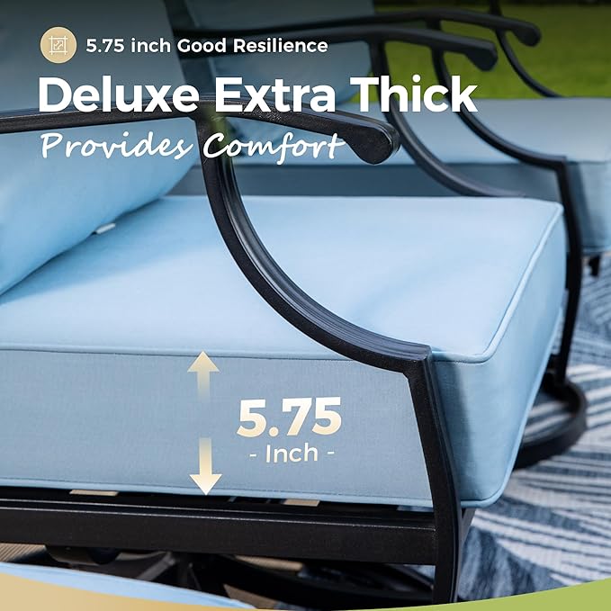 Patio Furniture Set, 6 Pcs Metal Outdoor Conversation Set, 2 Rocker Chairs, 2 Ottomans and 3 Seater Sofa with 5.75" Extra Thick Cushion and Gas Fire Pit Table, Blue