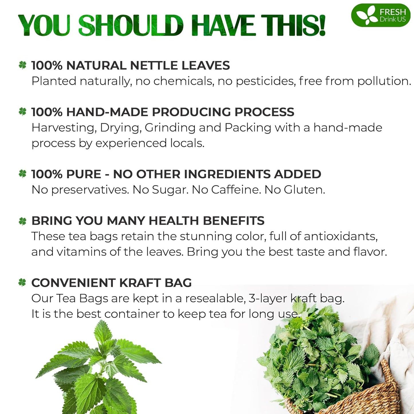 FreshDrinkUS, 30 Nettle Leaf Tea Bags, 100% Natural & Pure from Nettle Leaves. Loose Leaf Nettle Herbal Tea. Nettle Leaf Tea. No Sugar, No Caffeine, No Gluten, Vegan.