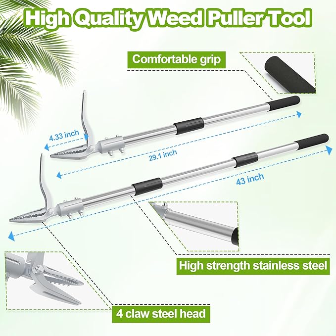 Weed Puller Tool with Gloves, Long Handle Stand Up Weed Tool, Heavy Duty Weeder Remover Tool with 4 Claw Steel Head for Garden, Yard, Lawns, Sidewalk