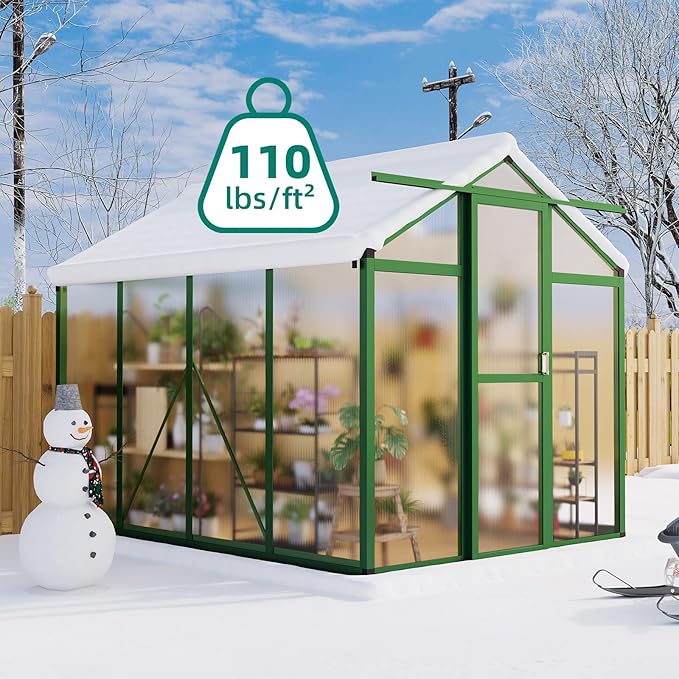 Garvee 6x8 FT Greenhouse - Aluminum Greenhouses for Outdoors, Large Polycarbonate Greenhouse with Roof Vent, Heavy Duty Walk-in Green Houses for Outside Garden, Backyard, Patio, Lawn, Easy Assembly