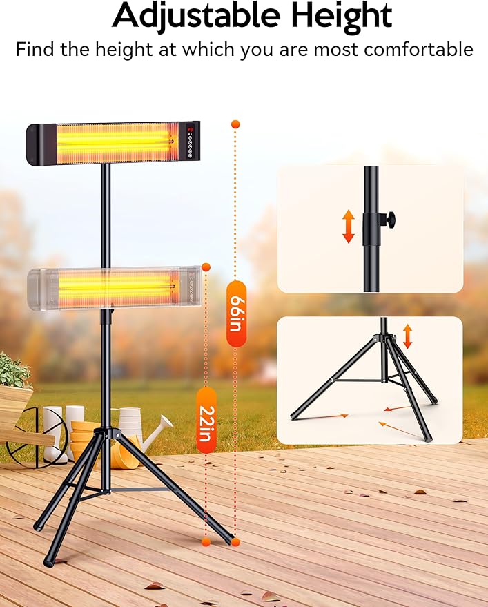 VAGKRI Outdoor Heaters, 1s Heating 1500W Infrared Patio Heater with Remote, 3 Heat Settings, 12H Timer, IP65 Waterproof, Wall Mount/Tripod Stand Electric Heater for Patio, Garage, Garden & Indoor Use