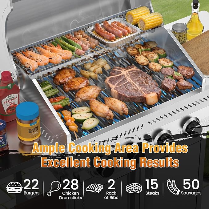 4-Burner Gas Grill,Propane Grill with Folding Side Shelf,Heavy-Duty Thickened Stainless Steel Grill,32,000 BTU BBQ Grill for Outdoor Cooking,Barbecue,Garden and Patio Backyard