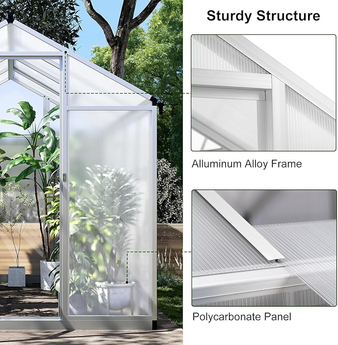 Greenhouse, 6.25x8 Ft Quick-Assembly Green House, Aerospace Aluminum & Shatterproof Polycarbonate with 24" x 23"Roof Vent for Patio/Garden, White