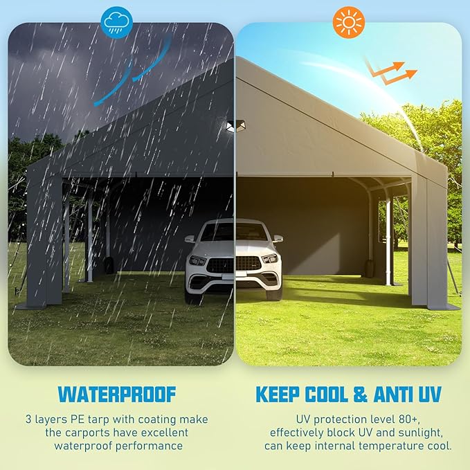 20x20 Carport Canopy, Heavy Duty Car Ports with Sidewalls, Portable Garage Carports with Roll Up Zipper End & Side Doors, Grey