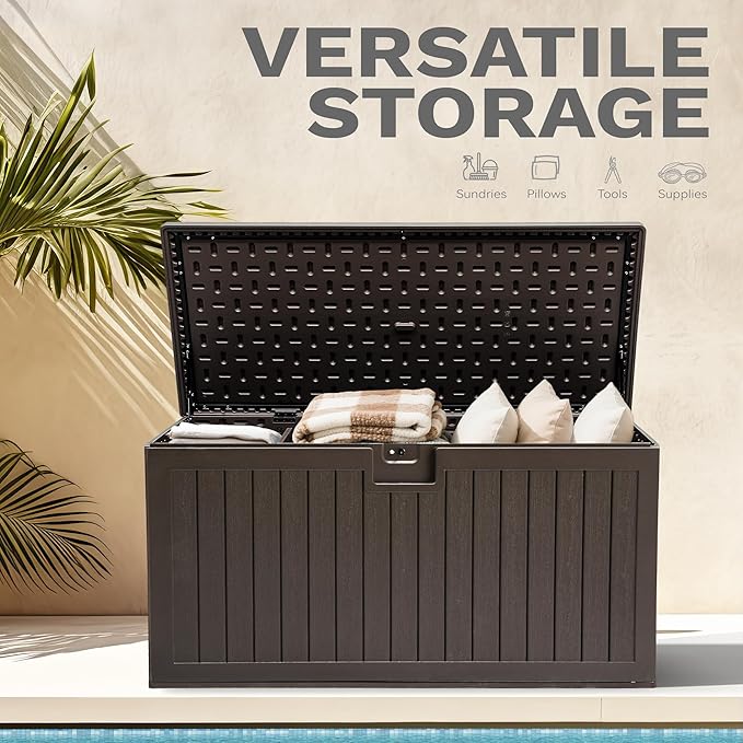 DWVO 150 Gallon Resin Outdoor Storage Box, XXL Double-Wall Waterproof Deck Box, Doubles as Table or Seating with 1000 lbs Capacity, Lockable (Brown)