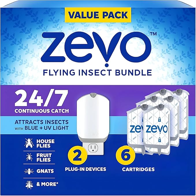 Zevo Flying Insect Trap Bundle – 2 Plug-in Devices with 6 Refill Cartridges – Indoor Fly, Gnat & Fruit Fly Catcher – Mess-Free, Odorless, and Easy to Use – UV Light Bug Trap for Any Room