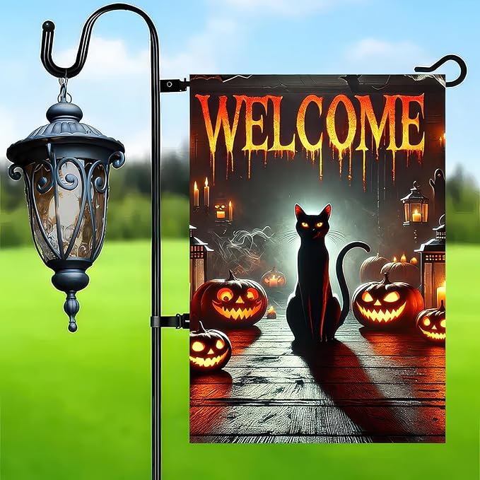 Garden Flags 12x18 Inch Halloween Black Cat Welcome Banner Pumpkin Lantern Spooky Night Yard Decoration for Porch Outdoor Lawn Garden Party Fall Decor Sign