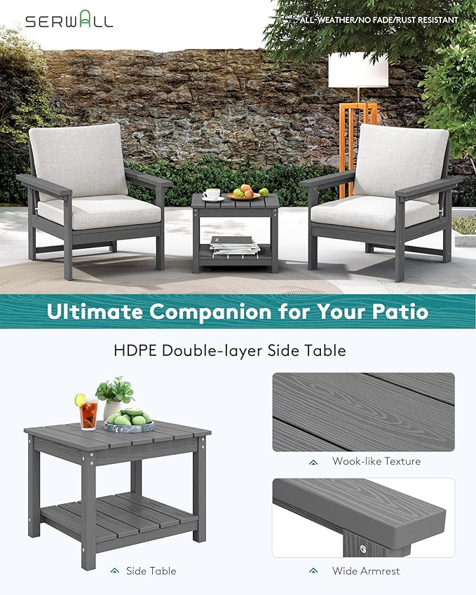 SERWALL Outdoor Patio Sofa Set, 2-Piece HDPE Single Seat Outdoor Sofa Chair with Padded Cushions, Gray Frame with Beige Cushion