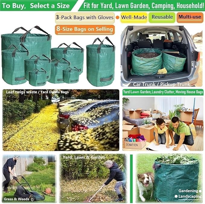 Standard 3-Pack 46 Gallon Yard Garden Bags (D26, H19 inch) with Garden Gloves, Yard Waste Bags,Recycling Bag,Camping Waste Bin,Laundry Bag,Lawn Debris,Grass Clippings,Leaf Bags,Weeds Barrel 4 Handles