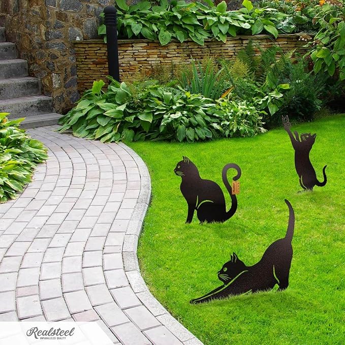 RealSteel I 3 Pack Steel Cat Garden Decor I Outdoor Yard Decorations I Gift for Cat Lovers I Lawn Ornaments and Statues I Garden Signs Decorative Outdoor - Rust