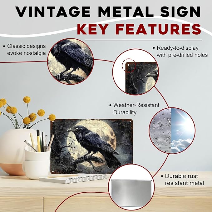 Halloween Crow Vintage Metal Tin Sign for Home Bar Kitchen Hotel Dining Room Coffee 8x12inch