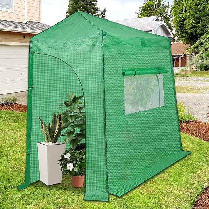 EAGLE PEAK Replacement Cover for 9x4 Portable Lean to Greenhouse, 2 Roll-Up Zipper Entry Doors and 1 Large Roll-Up Side Window (Frame Not Included), Green
