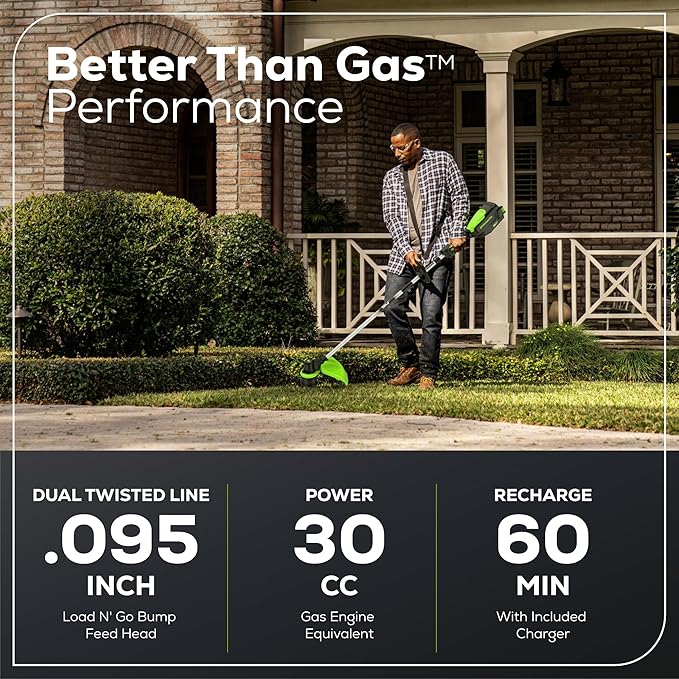 Greenworks 80V 16" Brushless Cordless String Trimmer, 2.0Ah Battery and Charger Included