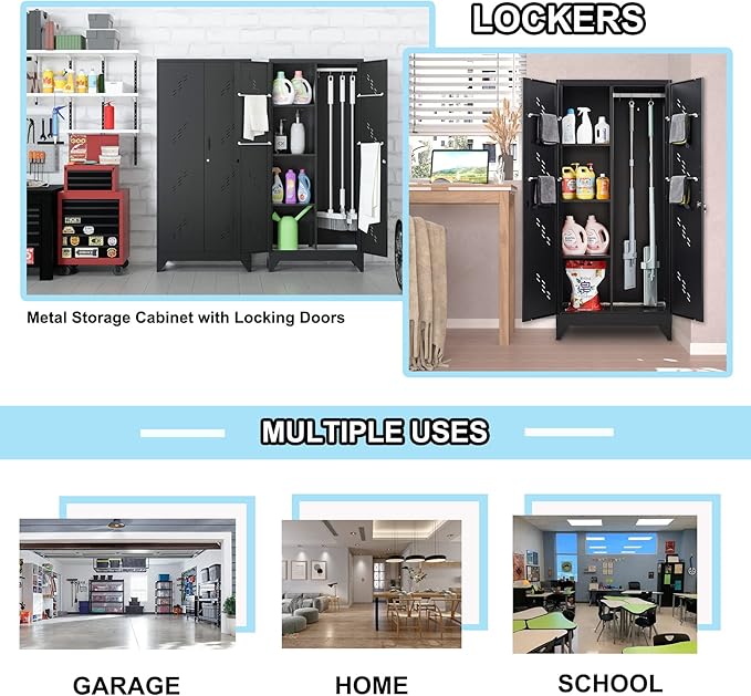 71" Broom Closet Cabinet with Hanging Rod, Tall Black Metal Storage Cabinet for Bathroom, Utility Room, and Garage