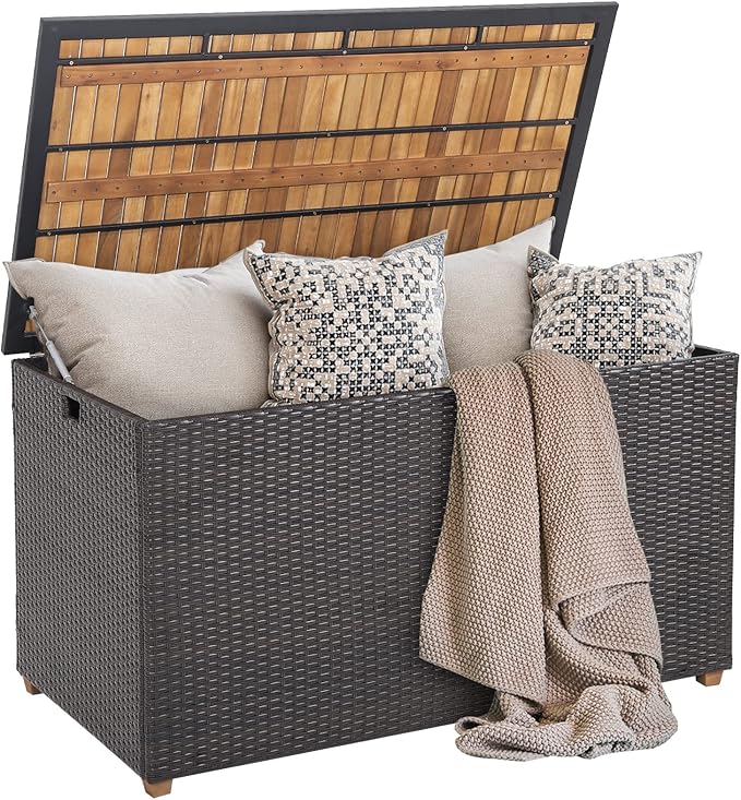 HAPPYGRILL 134 Gallon Rattan Deck Box, Patio Wicker Storage Box with Zippered Liner, Solid Acacia Wood Top & Feet, Effort-Saving Pneumatic Rod, Outdoor Storage Container for Porch Backyard