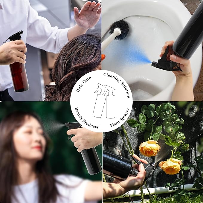 OFFIDIX 360° Water Spray Bottle 2 Pack 16 oz Continuous Plastic Empty Spray Bottles Mister for Hair,Cleaning,Plants,Upside Down,Fine Mist and Stream Setting,Black