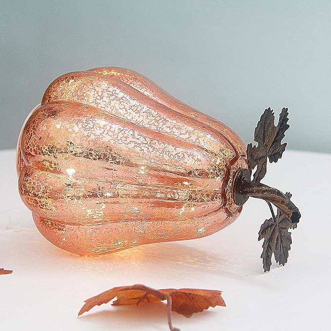 Mercury Glass Pumpkin Lights with Timer, Battery Operated Led Pumpkin Lights for Halloween Fall,Thanksgiving Rustic Decor (Rosegold Leafy, 9")