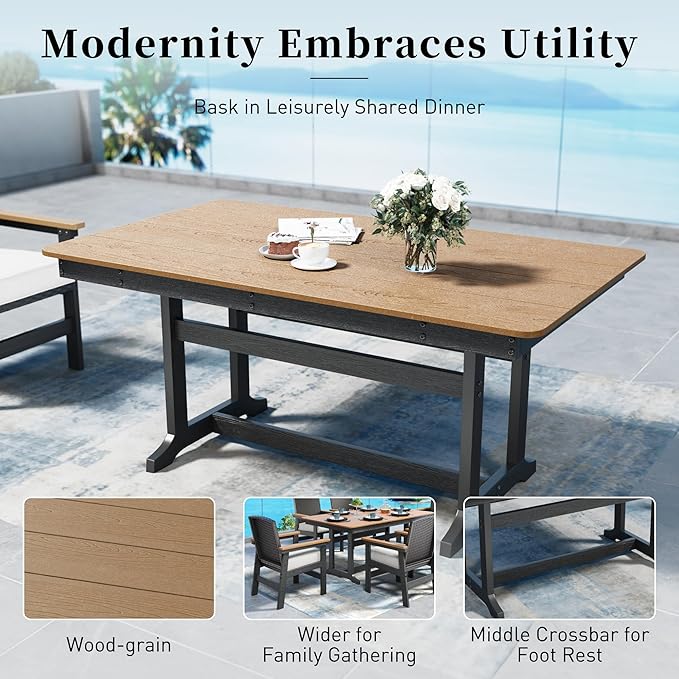 7 Piece HDPE Outdoor Dining Set for 6, 64” All Weather Wood-grain Dining Table, 6 Wicker Rattan Chairs with 3.2” Waterproof Cushion, Patio Table and Chairs Set for Backyard and Deck, Black