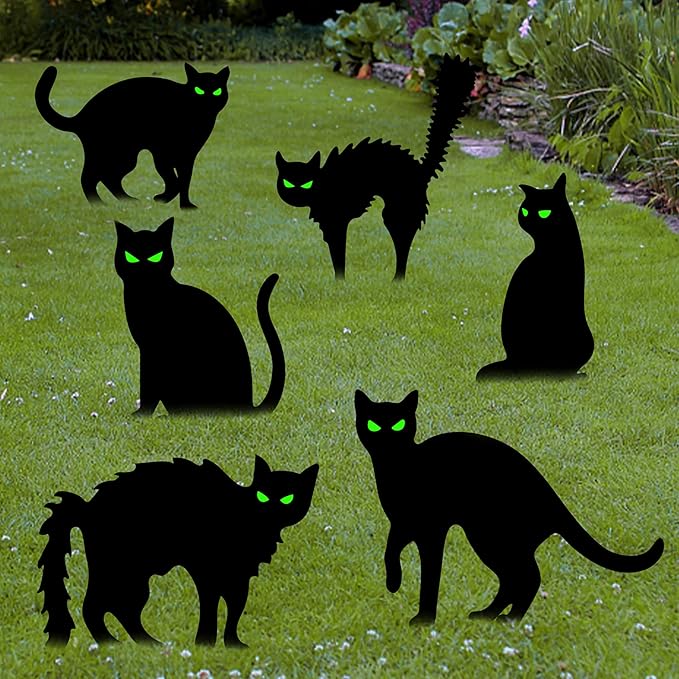 6 Pack Black Cat Yard Signs Halloween Decor with 12 Metal Stakes, Scary Black Cat Halloween Outdoor Decorations with 6 Pairs Glowing Eyes for Home Yard Garden Lawn Party Props Supplies