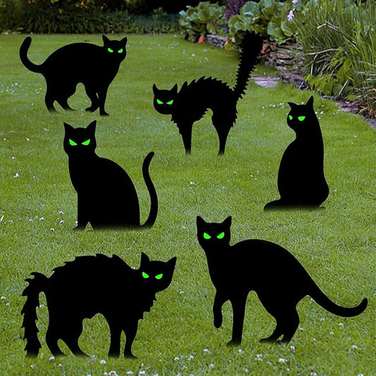 6 Pack Black Cat Yard Signs Halloween Decor with 12 Metal Stakes, Scary Black Cat Halloween Outdoor Decorations with 6 Pairs Glowing Eyes for Home Yard Garden Lawn Party Props Supplies