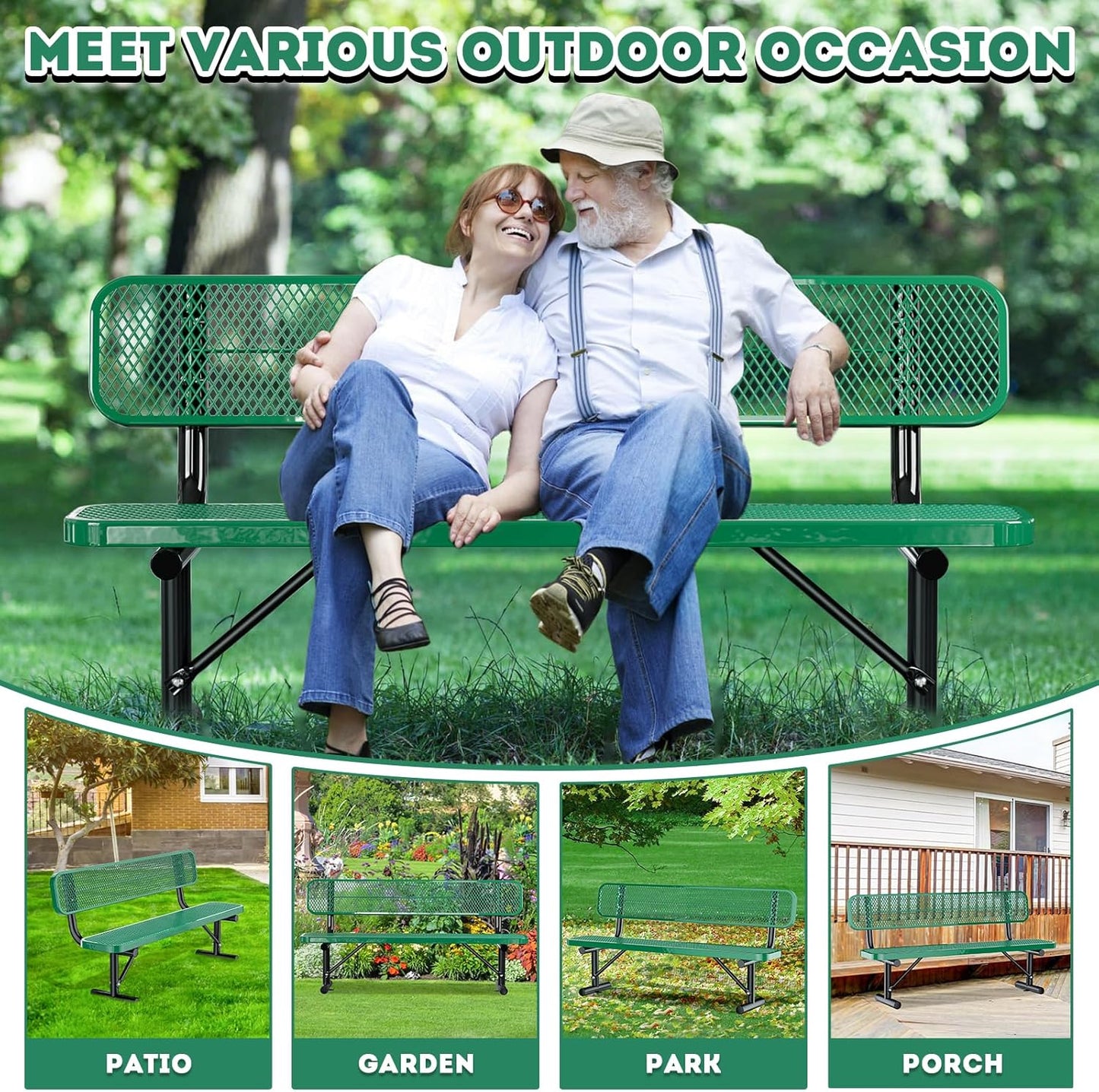 Heavy Duty Park Bench for Outside, Metal Park Bench with Back Portable Frame, Outdoor Steel Mesh Garden Bench with Backrest for Garden, Lawn, Patio, Porch, Park, Yard (Green, 6FT/73INCH)