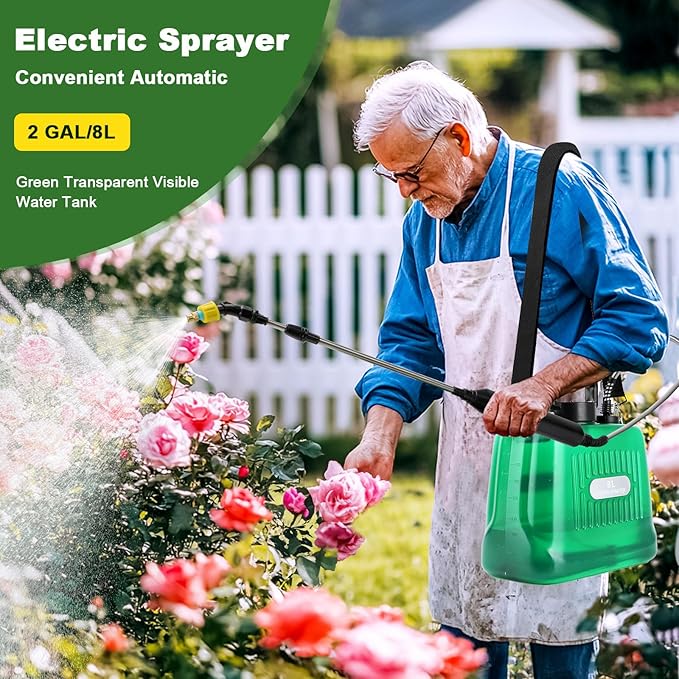 Pump Sprayer 2 Gallon Battery Powered 2 Gallon Sprayer, Upgrade Powerful with 3 Mist Nozzles, Rechargeable Handle, Retractable Wand,with Adjustable Shoulder Strap for Garden, Lawn, Cleaning