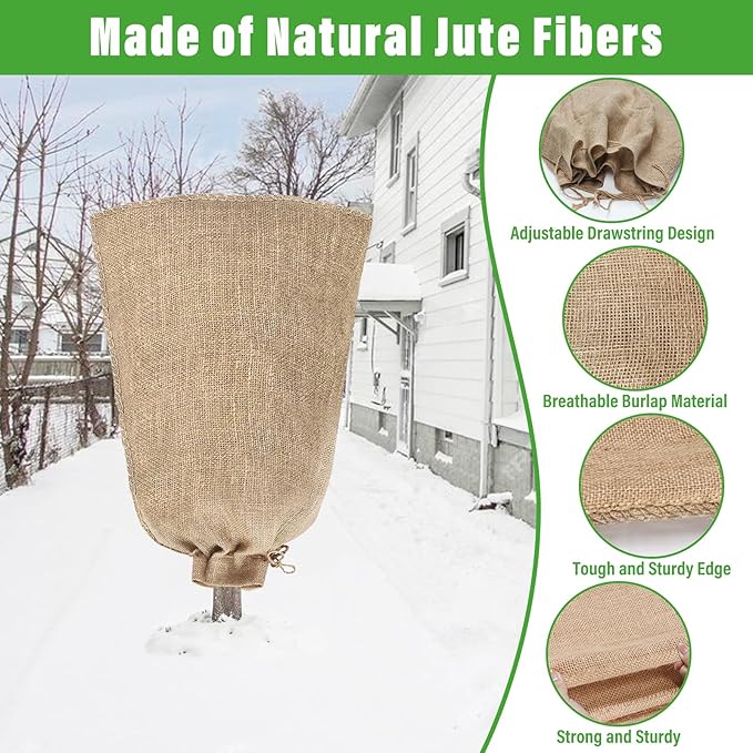 Riare 2 Packs 24 × 40 Inch Burlap Winter Plant Cover Bags with Drawstring- Reusable Large Burlap Sack Plant Frost Protector, Plant Frost Cloth Cold Tree Freeze Blanket for Outdoor Plants Shrubs Fruit