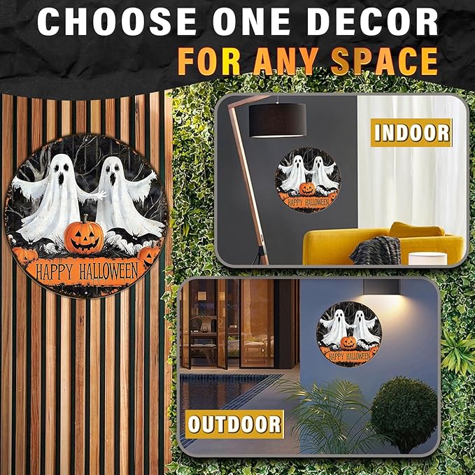 PEACHGARDEN Round Happy Halloween Pumpkin Wreath Vintage Sign Halloween Ghost Metal Tin Sign for Home Bar Kitchen Hotel Dining Room Coffee 8x8inch