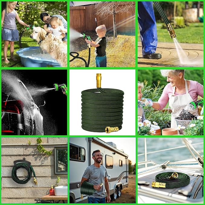 50FT Lightweight Flexible Garden Hose,Non-Slip Handles,Non-kink Hose,Solid Brass Fitting for Boats, RV Water Hose,Marine Washdown,Lawn,Garden,Leakproof TPE Hose (GreenBlack, 2x25 FT)