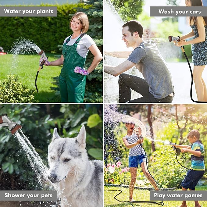 RESTMO Garden Hose Nozzle, Heavy Duty Metal Water Hose Nozzle with 7 Adjustable Spray Patterns, High Pressure Hand Sprayer with Flow Control, Best for Watering Plant & Lawn, Washing Car & Pet, Brown